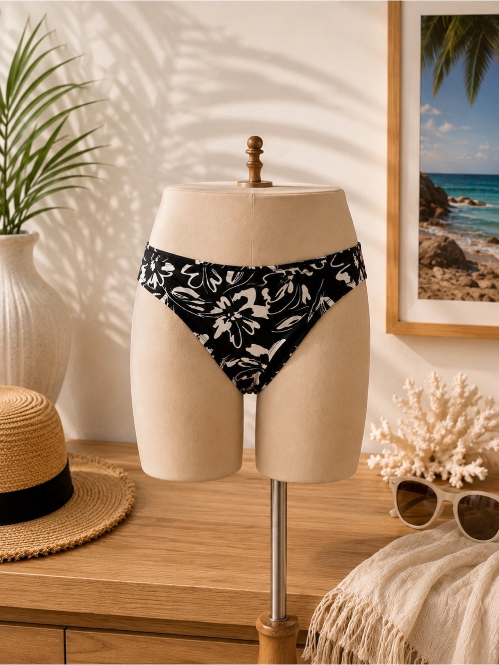 Hurley Bikini Bottoms XL NWT Black White Floral Swim Bottoms Classic Fit